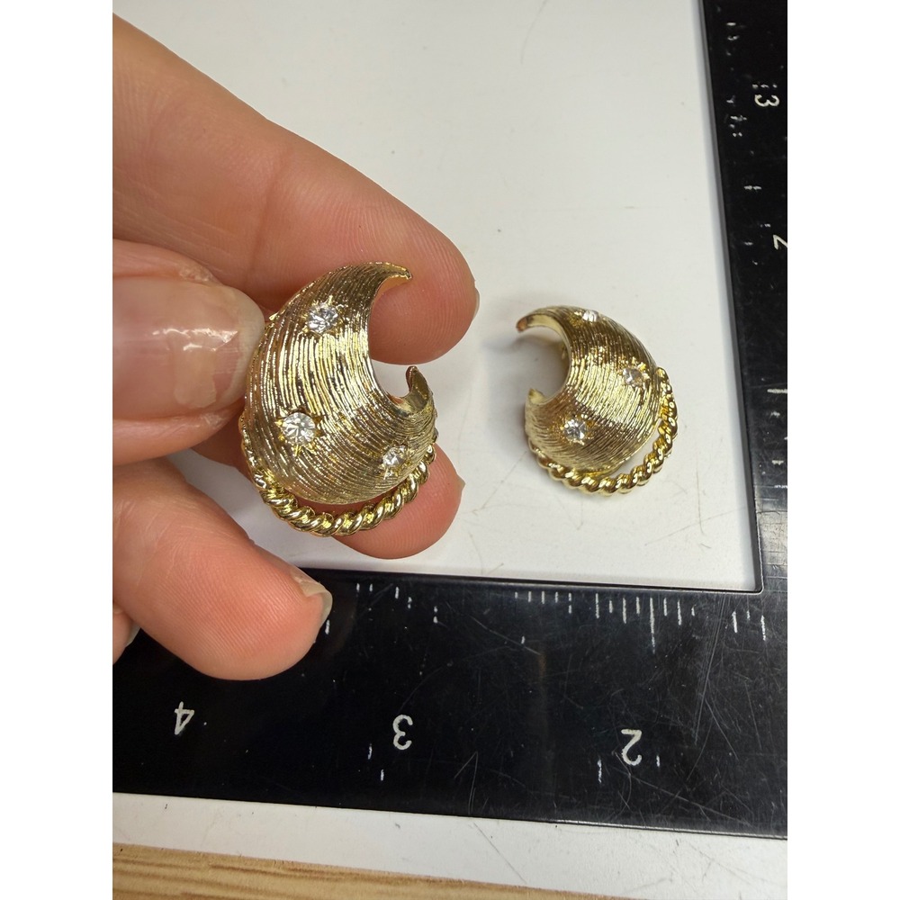 Gold Tone Textured Crescent Clip On Earrings with Rhinestones and Rope Trim